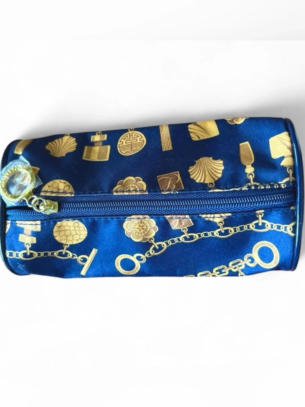 Estee Lauder Blue and Gold Printed Satin Zip Pouch